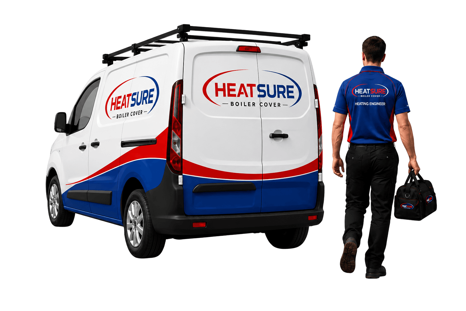 HeatSure van and heating engineer walking with a tool bag